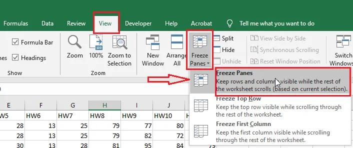 Selecting row 5 and choosing Freeze Panes