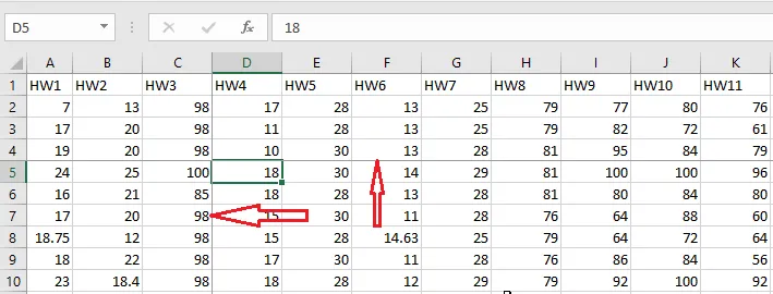 Rows above 5 and columns left of D frozen together