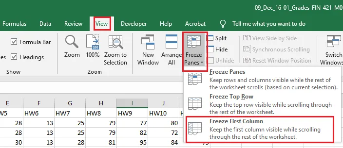 Choosing Freeze First Column