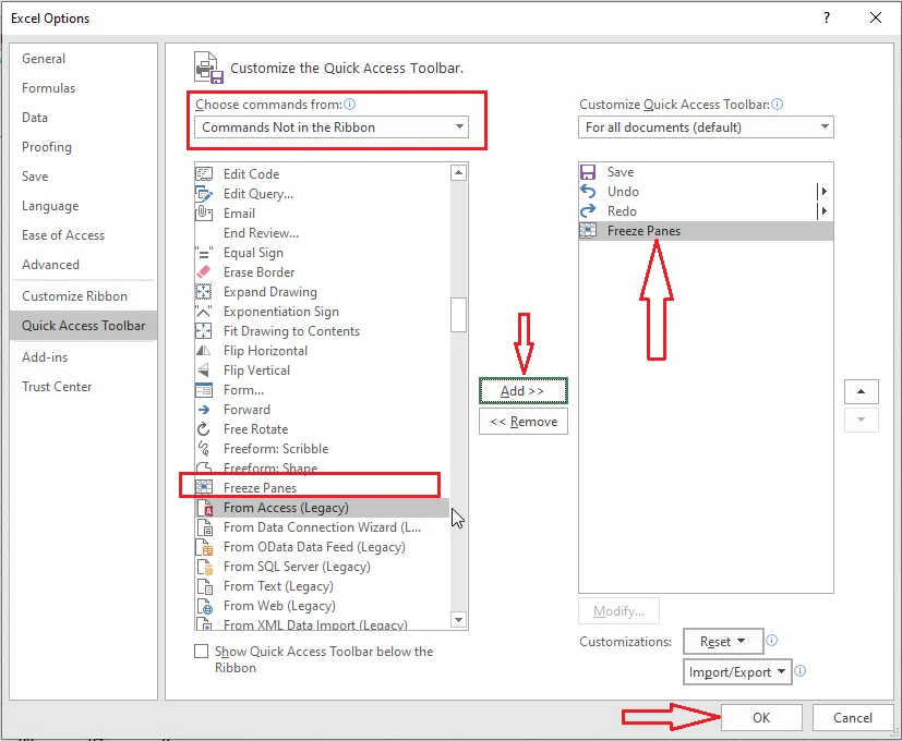 Adding Freeze Panes to the Quick Access Toolbar