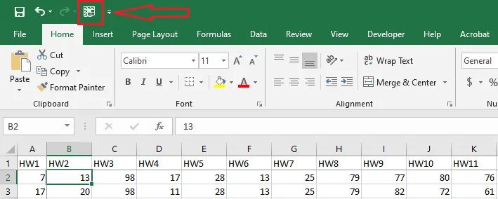 The Freeze Panes button on the Quick Access Toolbar