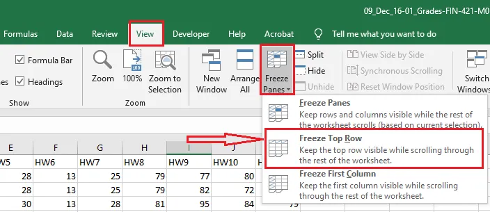 Choosing Freeze Top Row from the Freeze Panes menu