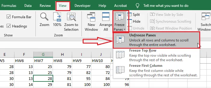 Choosing Unfreeze Panes
