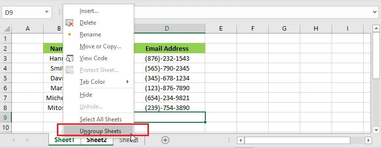 Right-clicking a grouped tab and choosing Ungroup Sheets