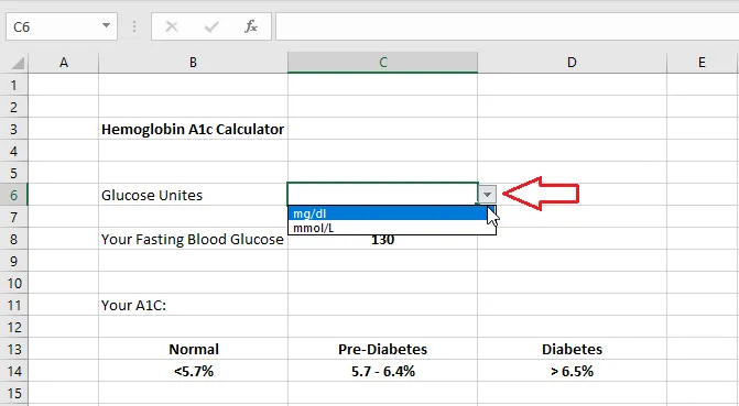The units drop-down list in C6