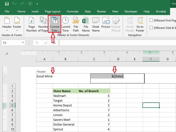 Adding the current date from the Header & Footer tab