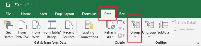 The Group button on the Data tab