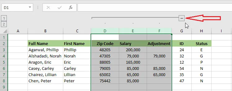 Clicking the minus button to collapse the grouped columns