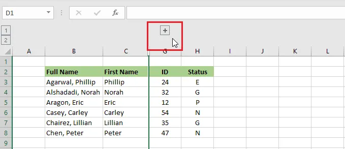 Clicking the plus button to expand the grouped columns