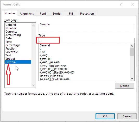 Typing ;;; as a custom number format
