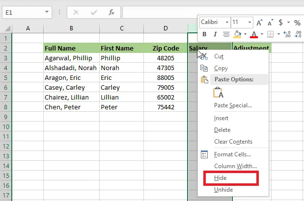 Right-clicking the column and choosing Hide