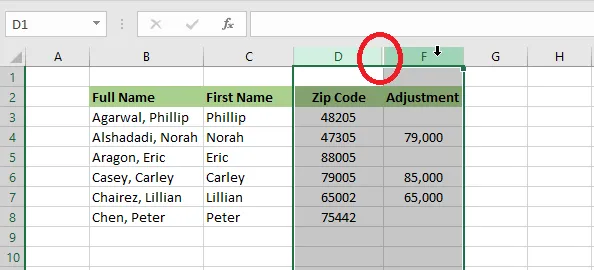 Selecting the columns on both sides of the hidden column