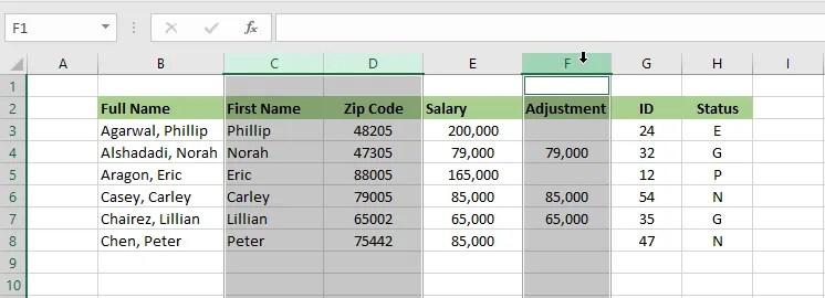 Columns C, D and F selected while holding Ctrl