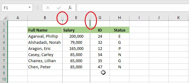 Columns C, D and F hidden