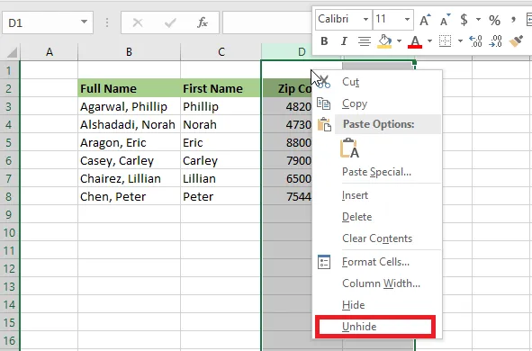 Right-clicking and choosing Unhide