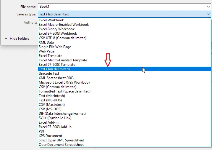 Choosing Text (Tab delimited) as the file type