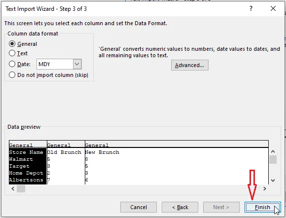 The last step of the Text Import Wizard