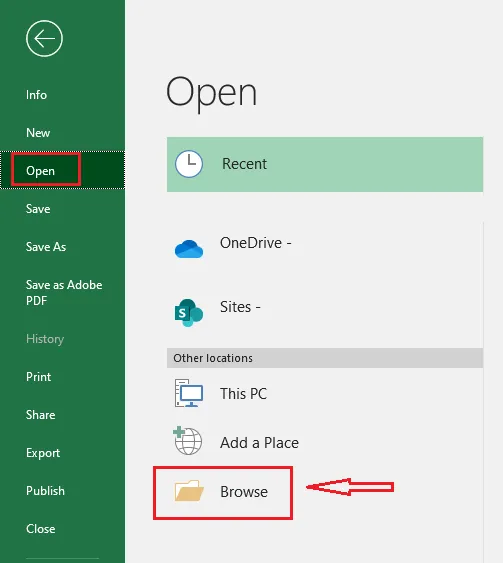 Open > Browse on the File tab