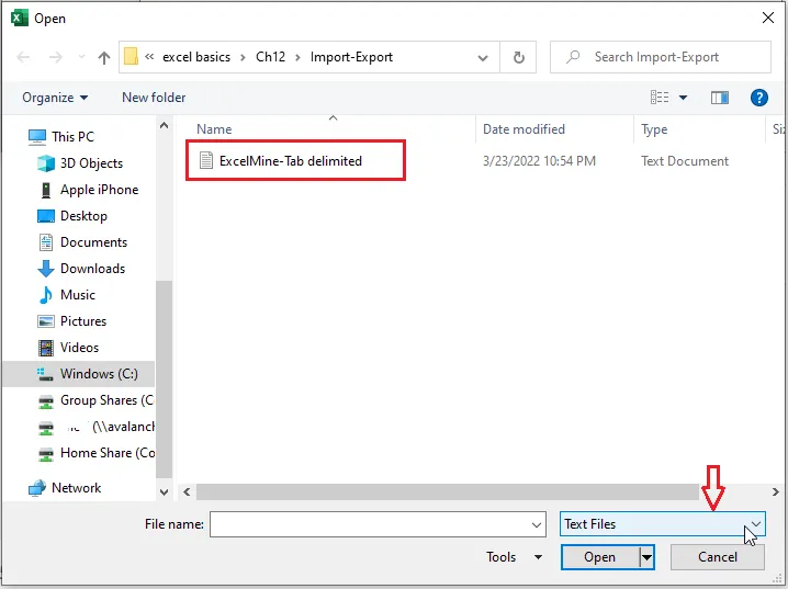 Choosing Text Files in the Open dialog box