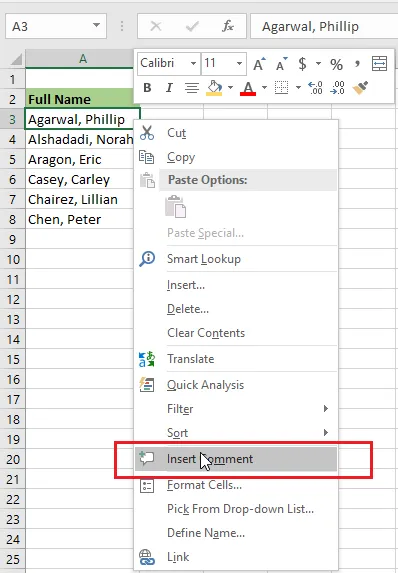 Right-clicking a cell and choosing Insert Comment