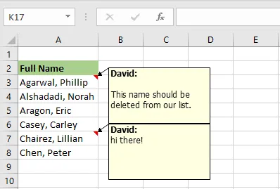 All comments shown on the worksheet