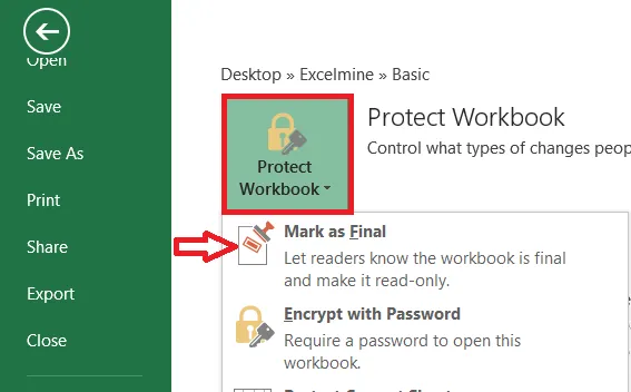 Mark as Final under Protect Workbook