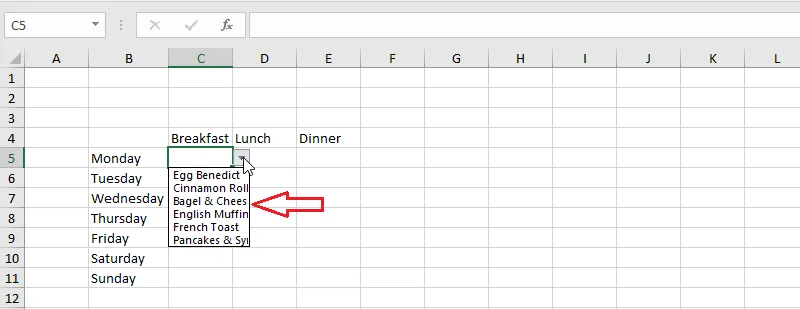 The breakfast drop-down list in C5
