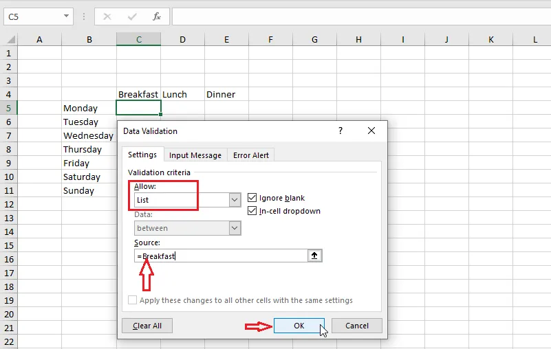 The source =Breakfast in the Data Validation dialog box