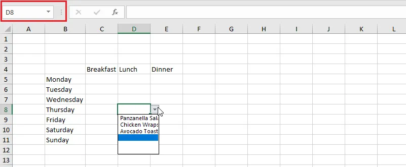 A drop-down list in the weekly planner