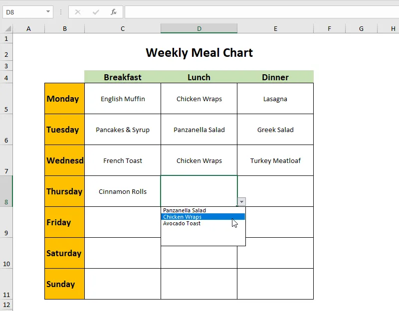 The finished weekly meal planner