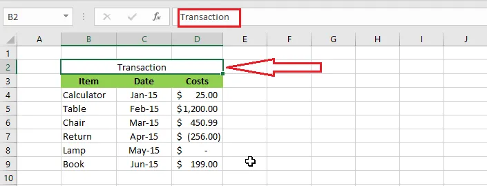 The merged cell showing only Transaction