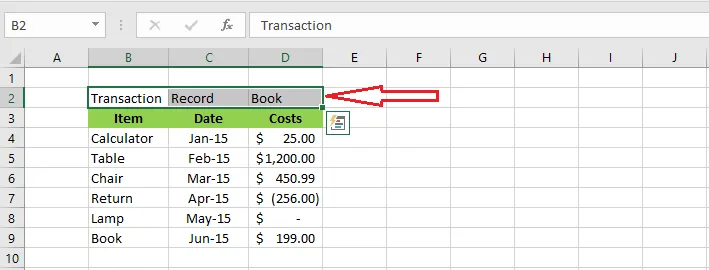 Cells B2 to D2 selected before merging
