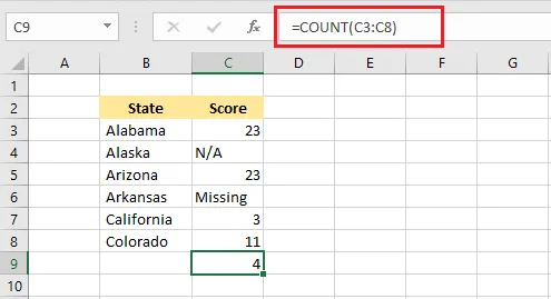 The COUNT function counting cells with numbers
