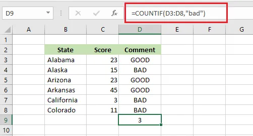 COUNTIF counting the cells that say BAD