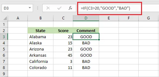 The IF function returning GOOD or BAD based on a score