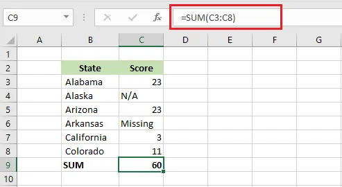 The SUM function adding a range of numbers