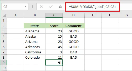 SUMIF adding the scores marked GOOD