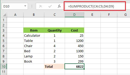 SUMPRODUCT calculating the total cost