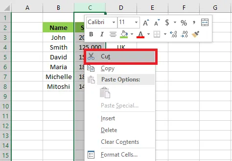 Right-clicking the column and choosing Cut