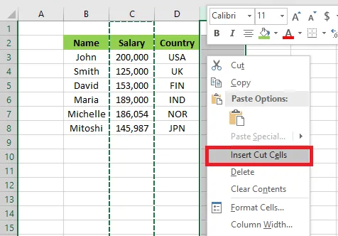 Choosing Insert Cut Cells on the destination column
