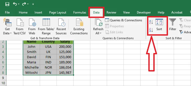 The Sort button on the Data tab
