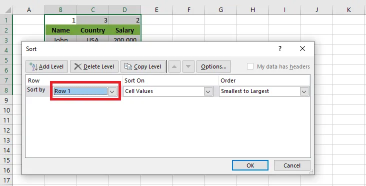 Sorting by Row 1 in the Sort dialog box