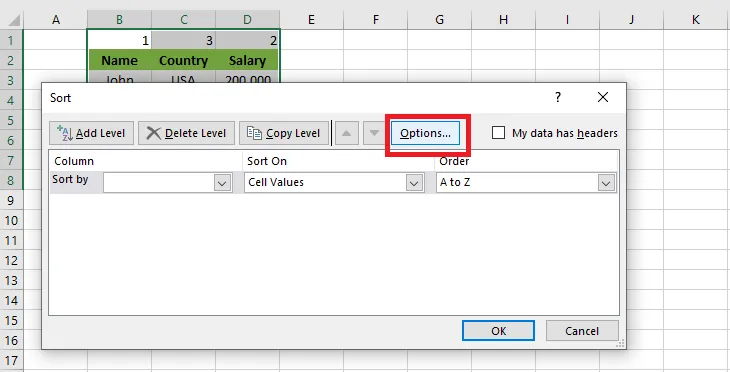 The Options button in the Sort dialog box