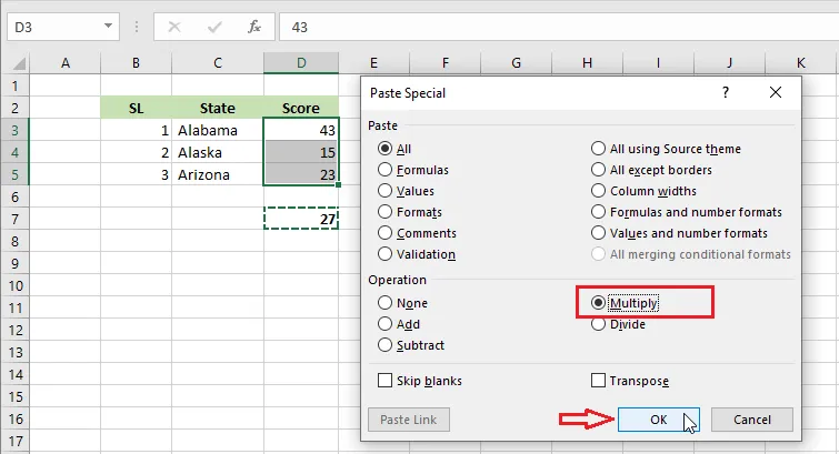 Choosing Paste Special for D3:D5