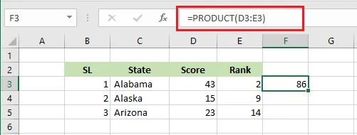 The PRODUCT function multiplying D3 and E3