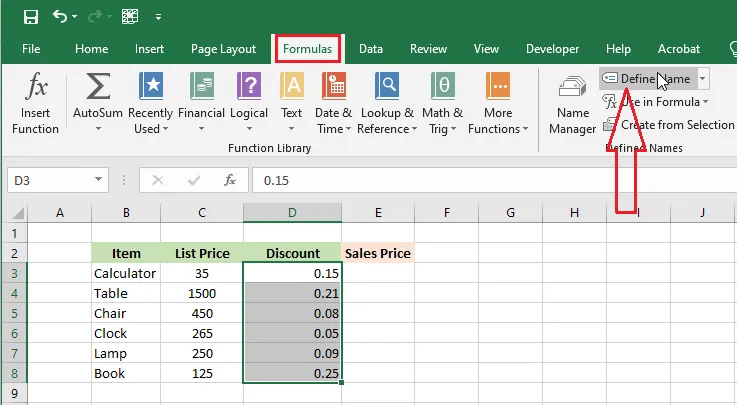 The Define Name button on the Formulas tab