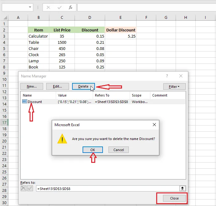Deleting a name in Name Manager