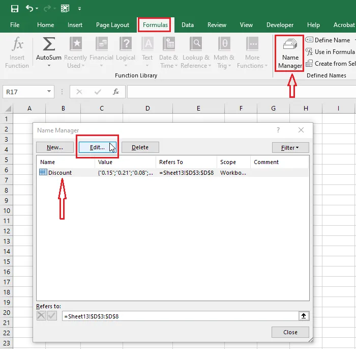 The Name Manager button on the Formulas tab