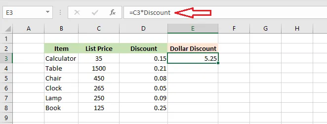 A formula using the named range Discount