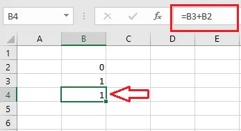The formula =B3+B2 in cell B4